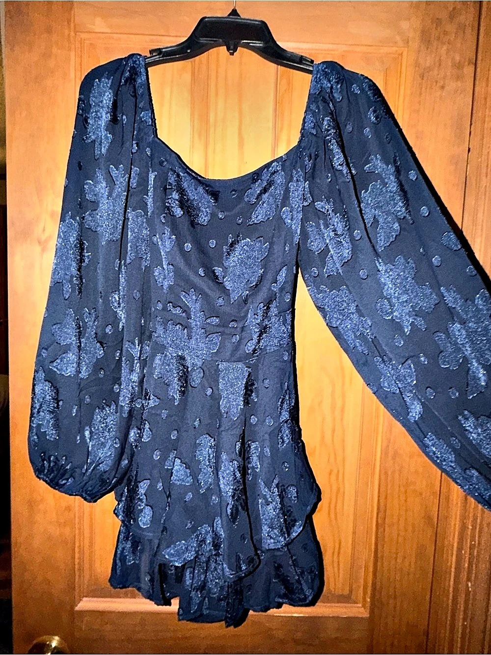 Francesca's Navy Blue Floral Burnout Long Sleeve Romper Dress - Size M